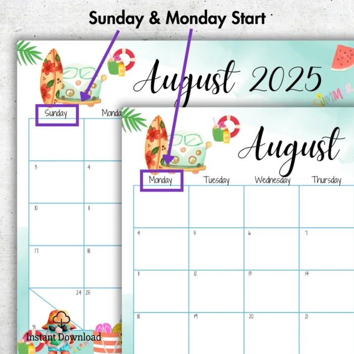 August 2025 printable calendar for kids with summer theme, gnome illustrations, and fillable PDF layout.