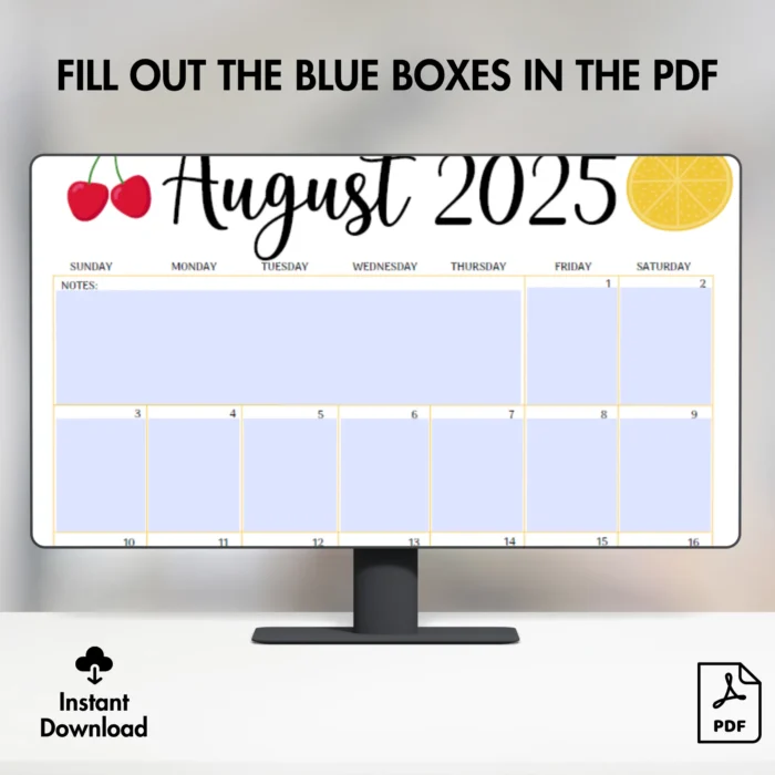 Colorful August 2025 Calendar Printable â€“ Fillable PDF