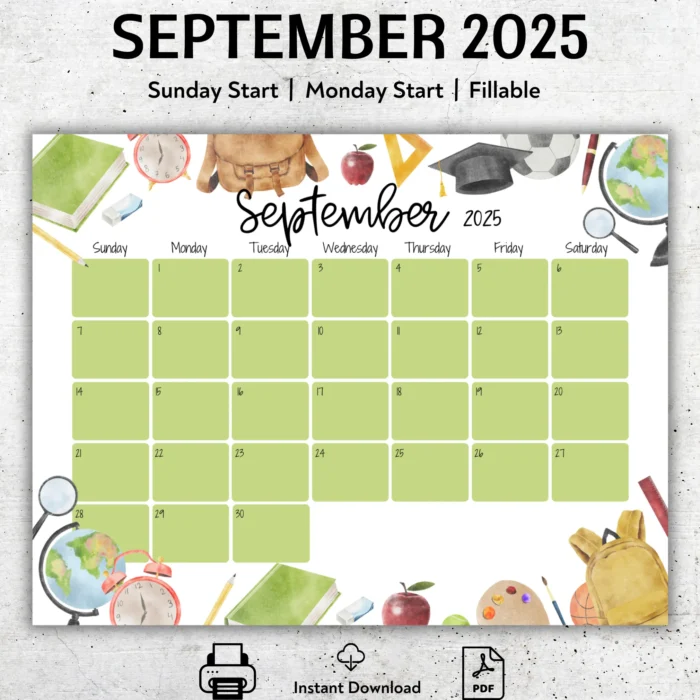 Academic Calendar 2025 September â€“ Back to School themed printable PDF with editable boxes and cute schoolÂ illustrations