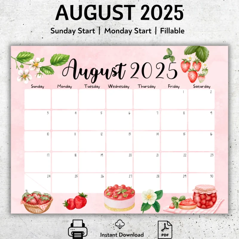 Printable August 2025 Calendar - Strawberry Theme | Fillable PDF