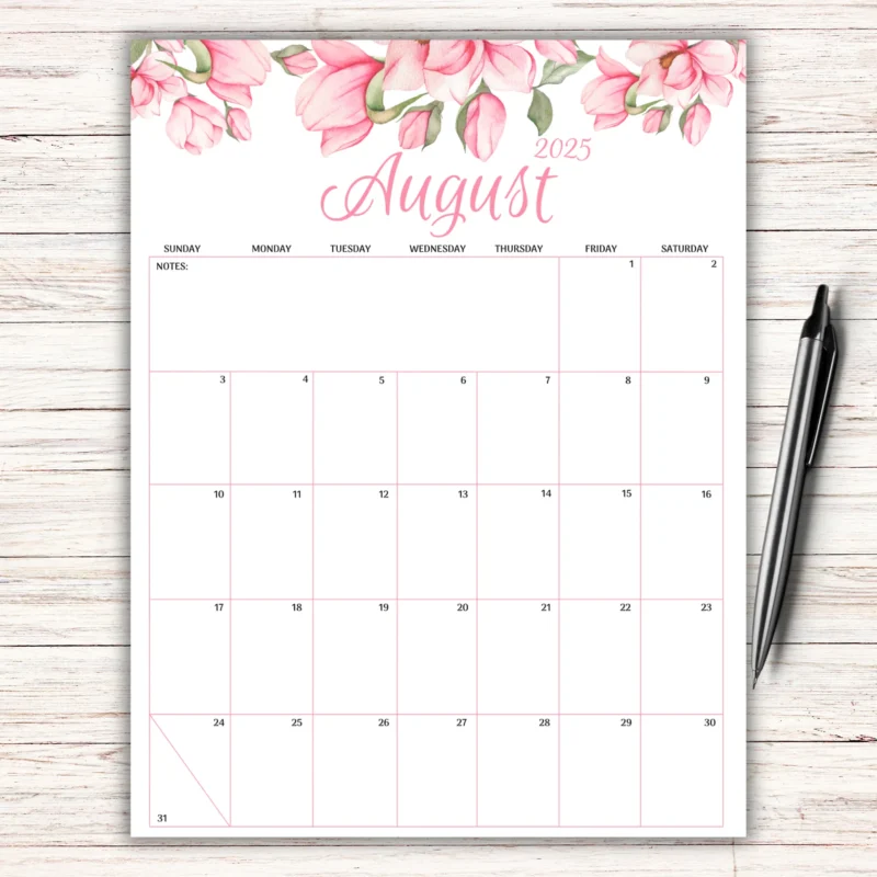 Pink Floral August 2025 Calendar Printable â€“ Fillable US Letter Monthly Layout with Sunday Start