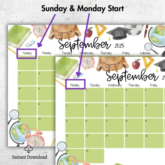 Academic Calendar 2025 September â€“ Back to School themed printable PDF with editable boxes and cute schoolÂ illustrations