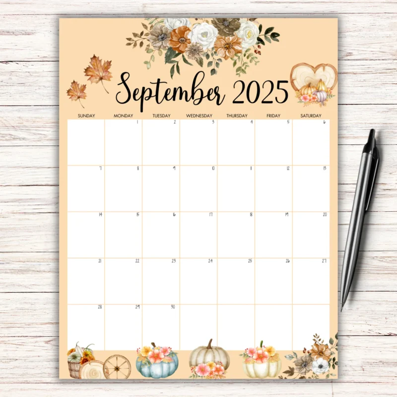 Pumpkin Editable September 2025 Calendar â€“ autumn-inspired with fillable layout and pumpkin graphics.