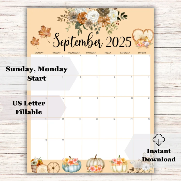 Pumpkin Editable September 2025 Calendar â€“ autumn-inspired with fillable layout and pumpkin graphics.