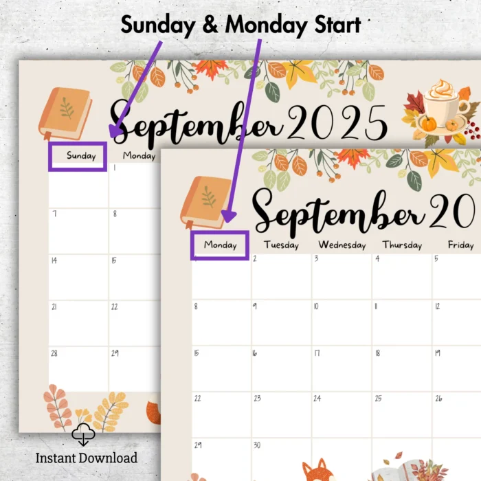 "Editable September 2025 Calendar with Fall Theme â€“ Fillable PDF in Sunday and Monday start formats featuring autumnÂ illustrations"