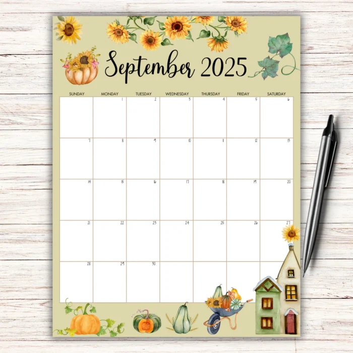 September 2025 Calendar with Sunflower and pumpkin design on a wooden background