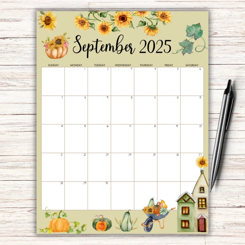 September 2025 Calendar with Sunflower and pumpkin design on a wooden background