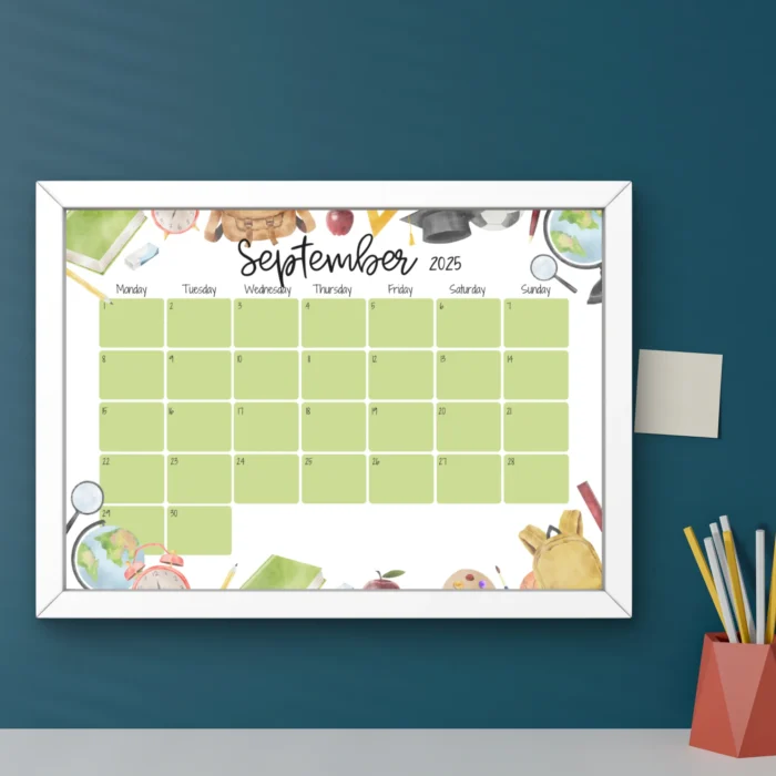 Academic Calendar 2025 September â€“ Back to School themed printable PDF with editable boxes and cute schoolÂ illustrations