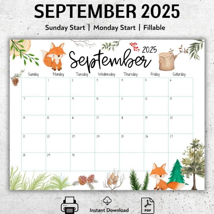 Cute Fox September 2025 Calendar with Woodland Theme