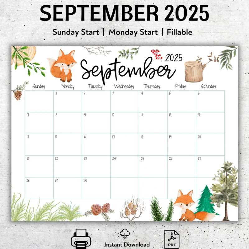 Cute Fox September 2025 Calendar with Woodland Theme