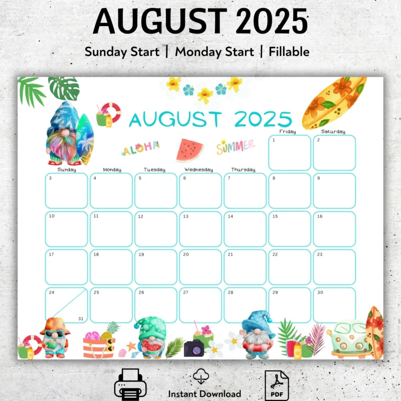 Gnome Theme August 2025 Calendar â€“ Printable, Fillable Monthly Template with Summer Design