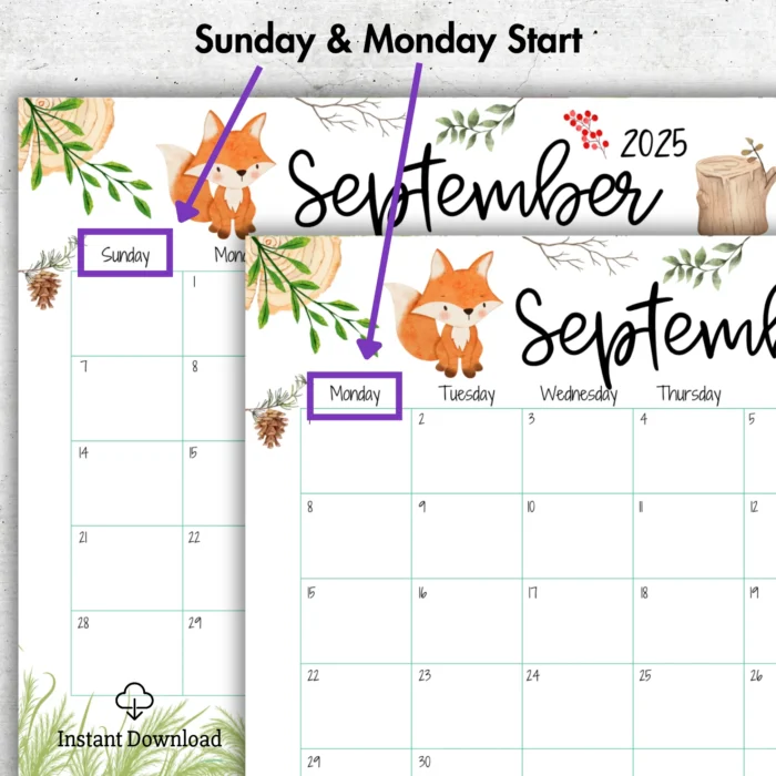 Cute Fox September 2025 Calendar with Woodland Theme