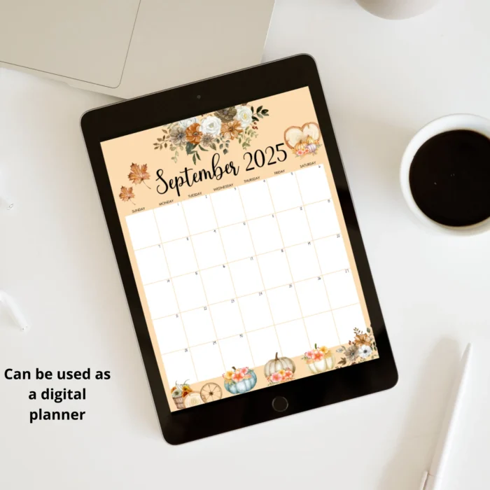 Pumpkin Editable September 2025 Calendar â€“ autumn-inspired with fillable layout and pumpkin graphics.
