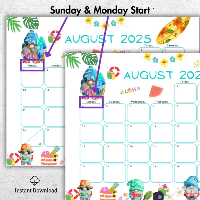 Gnome Theme August 2025 Calendar â€“ sunday and Monday starts