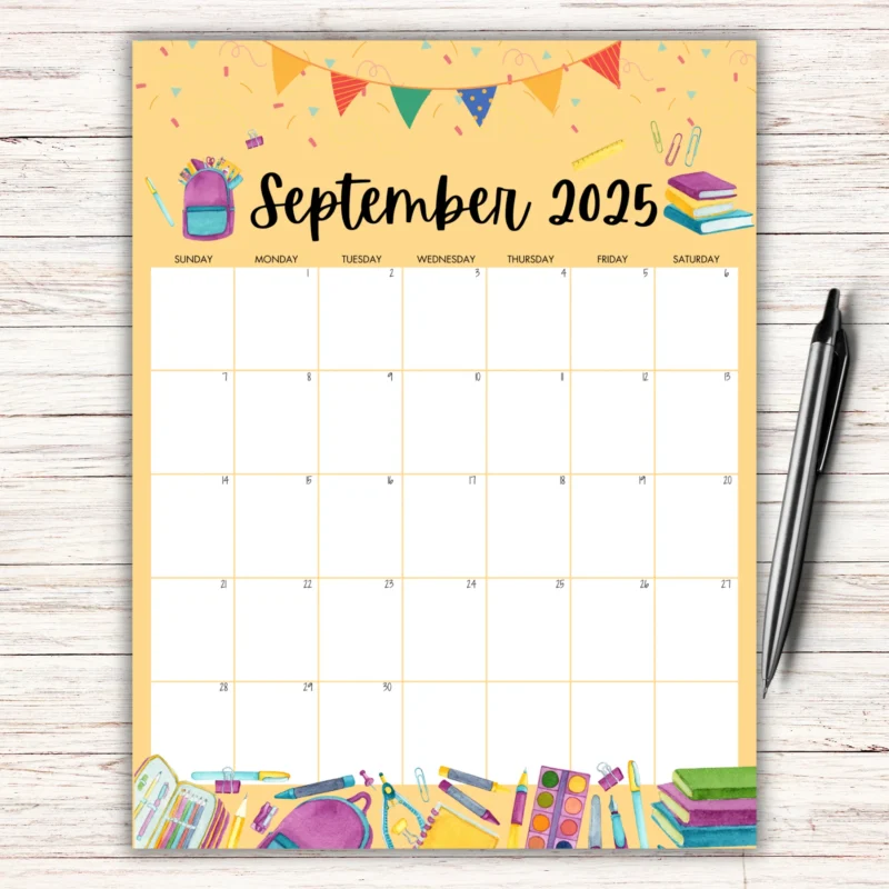Back to School September 2025 Calendar with pencils and books