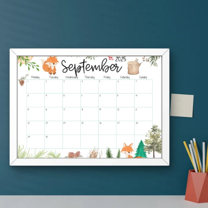 Cute Fox September 2025 Calendar with Woodland Theme