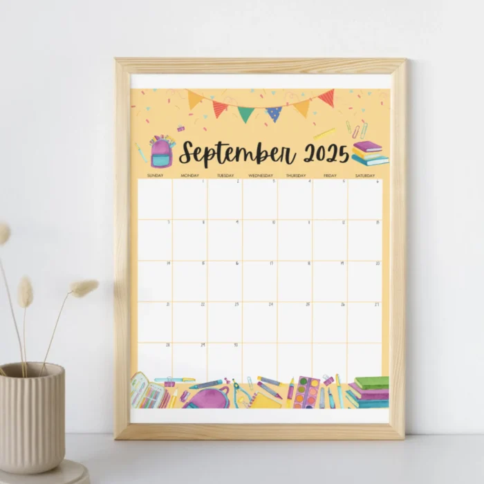 Back to School September 2025 Calendar with pencils, books and colorful school illustrations.
