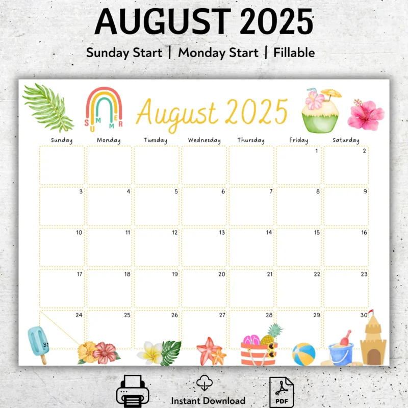 August 2025 calendar template printable with tropical illustrations, fillable PDF format, Sunday start version shown.