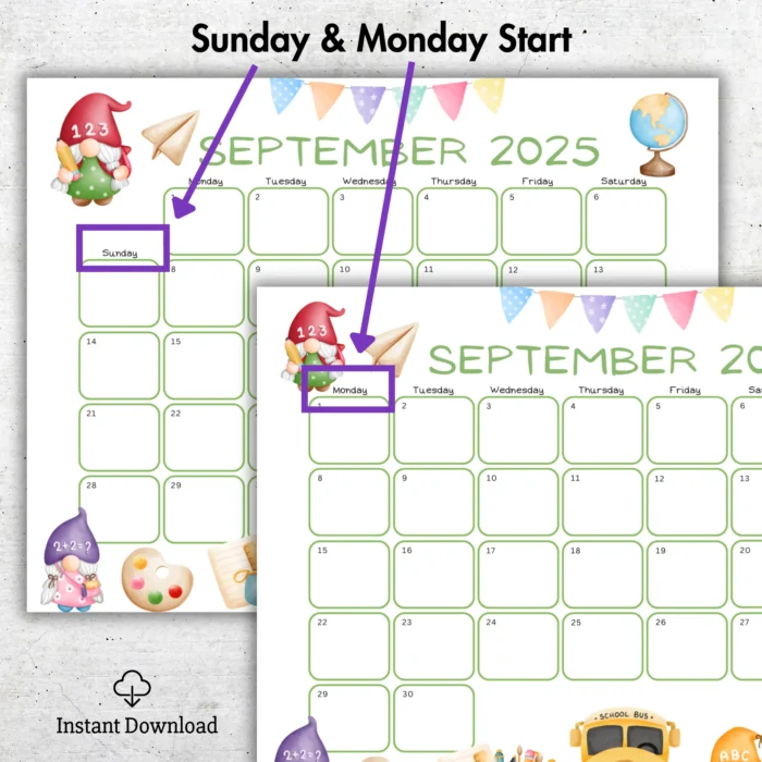 School-themed September 2025 School Theme Calendar with fillable fields and cute gnome illustrations â€“ Sunday and MondayÂ startÂ versions.