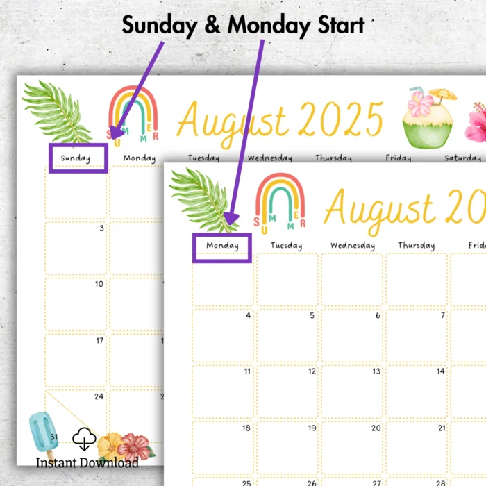 August 2025 calendar template printable with Sunday and Monday start options