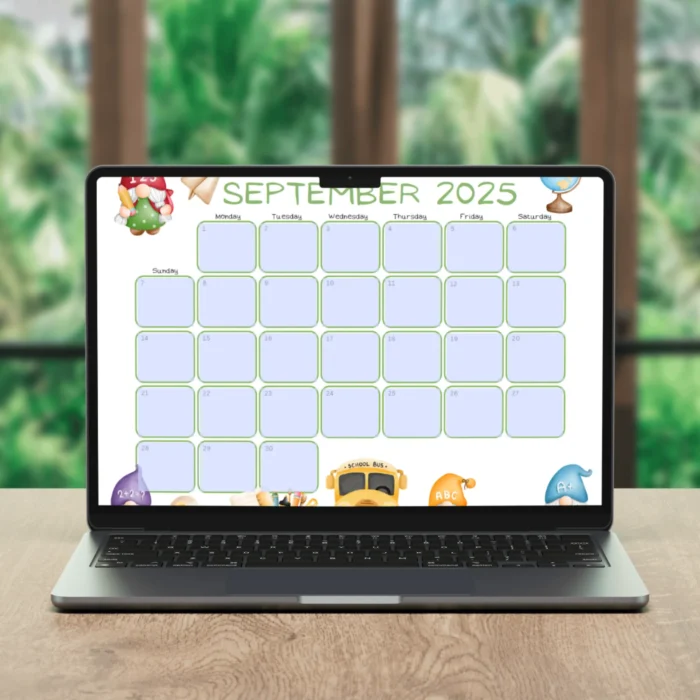 School-themed September 2025 School Theme Calendar with fillable fields and cute gnome illustrations â€“ Sunday and MondayÂ startÂ versions.