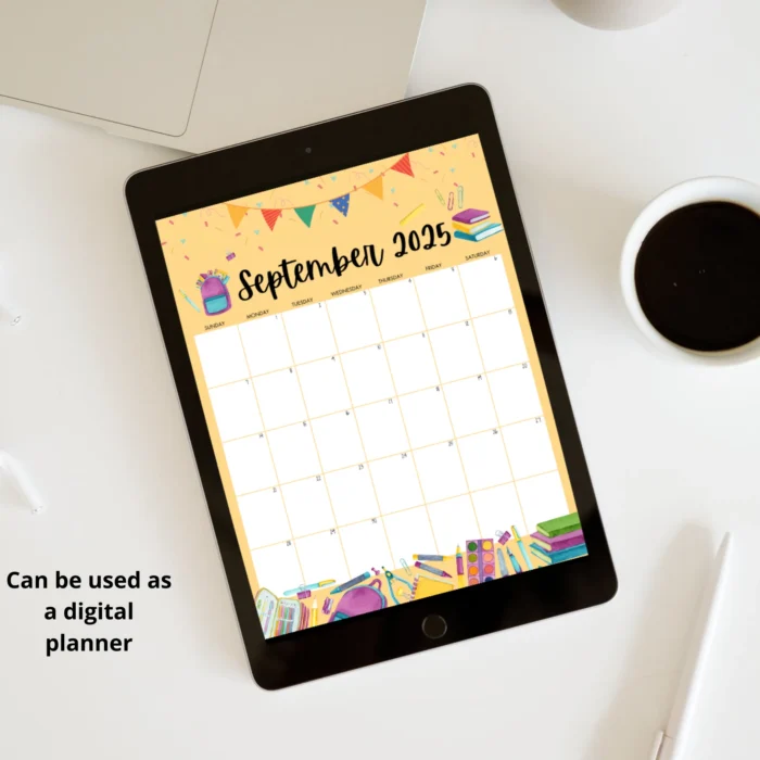 Back to School September 2025 Calendar with pencils, books and colorful school illustrations.