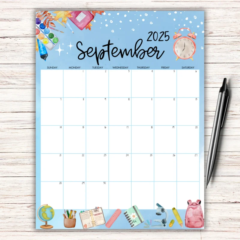 Editable September 2025 School Calendar with blue background and school icons