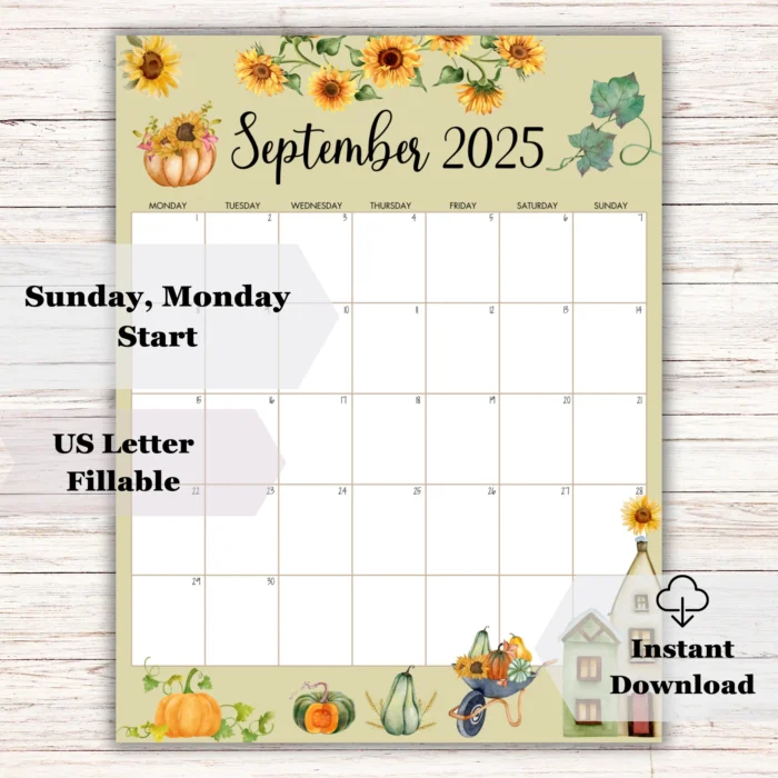 Editable September 2025 calendar showing Sunday and Monday start options with instant download icons