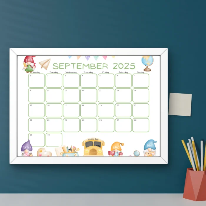 School-themed September 2025 School Theme Calendar with fillable fields and cute gnome illustrations â€“ Sunday and MondayÂ startÂ versions.