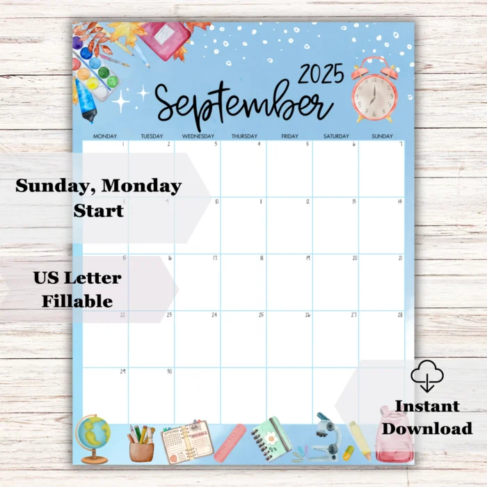 Monday Start: Monday-start layout of September 2025 calendar with playful back-to-school theme