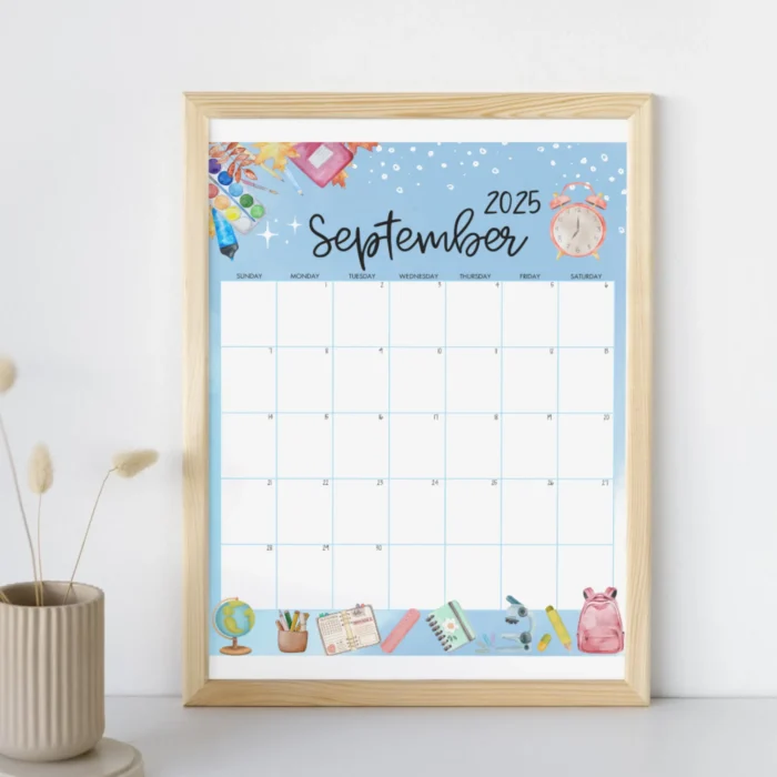 Editable September 2025 School Calendar with blue background and school icons