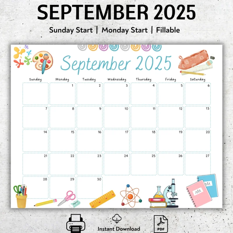 Back to School Calendar September 2025 â€“ Sunday and Monday start versions with colorful icons