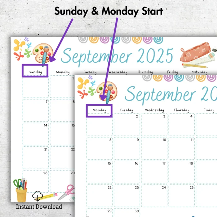 September 2025 school calendar â€“ Sunday and Monday start versions with colorful icons