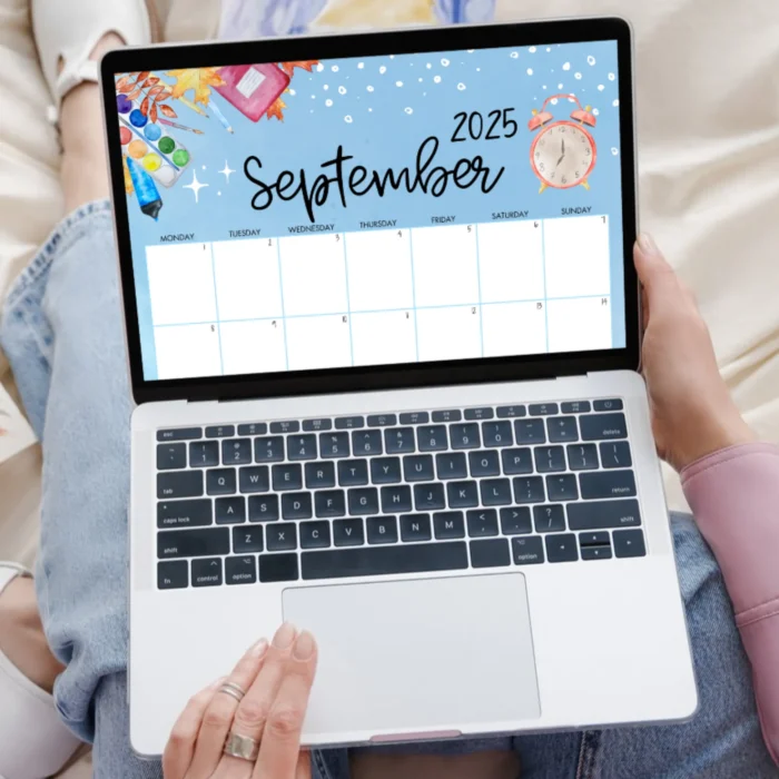 Editable September 2025 School Calendar with blue background and school icons