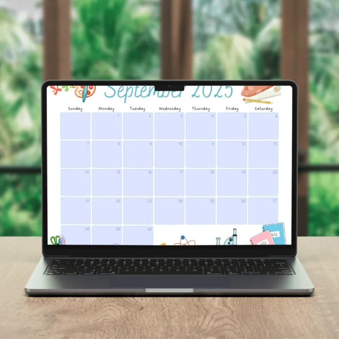 September 2025 school calendar â€“ Sunday and Monday start versions with colorful icons