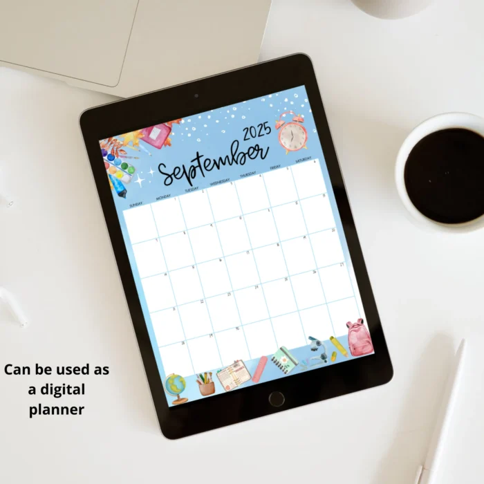 Digital Preview: School-themed calendar shown on tablet for digital planning