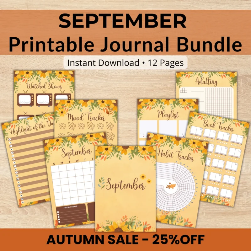 September Journal Bundle â€“ Printable September calendar with autumn sunflower design.