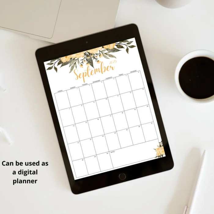 Digital September 2025 calendar with yellow flower theme