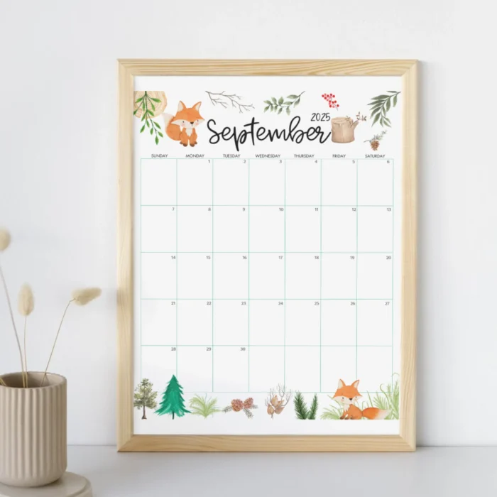 September 2025 planner with woodland animals â€“ Sunday start version.