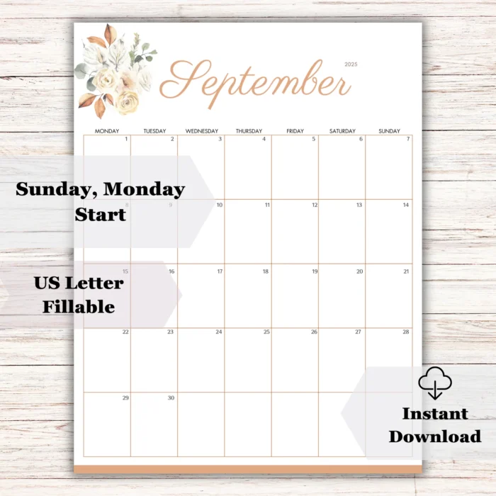 September 2025 Calendar with Autumn Leaf Theme â€“ US Letter Size