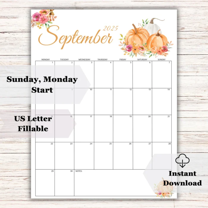 Seasonal autumn September 2025 calendar with floral illustrations â€“ editable PDF