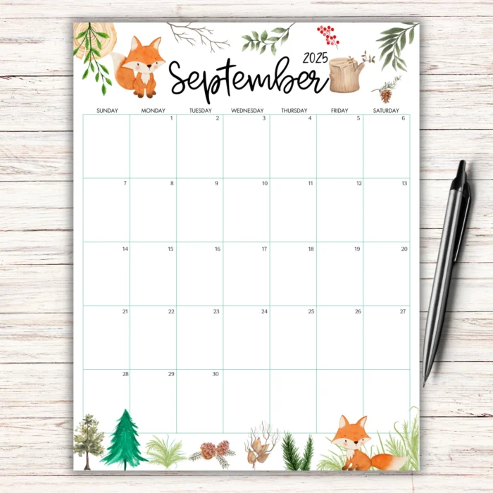 September 2025 Calendar Woodland Animals â€“ fox and squirrel illustration.