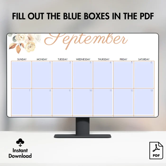 Autumn Leaves September 2025 Calendar Fillable PDF on the computer screen.