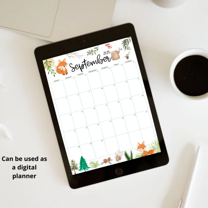 Woodland Animals September 2025 Calendar on the tablet screen