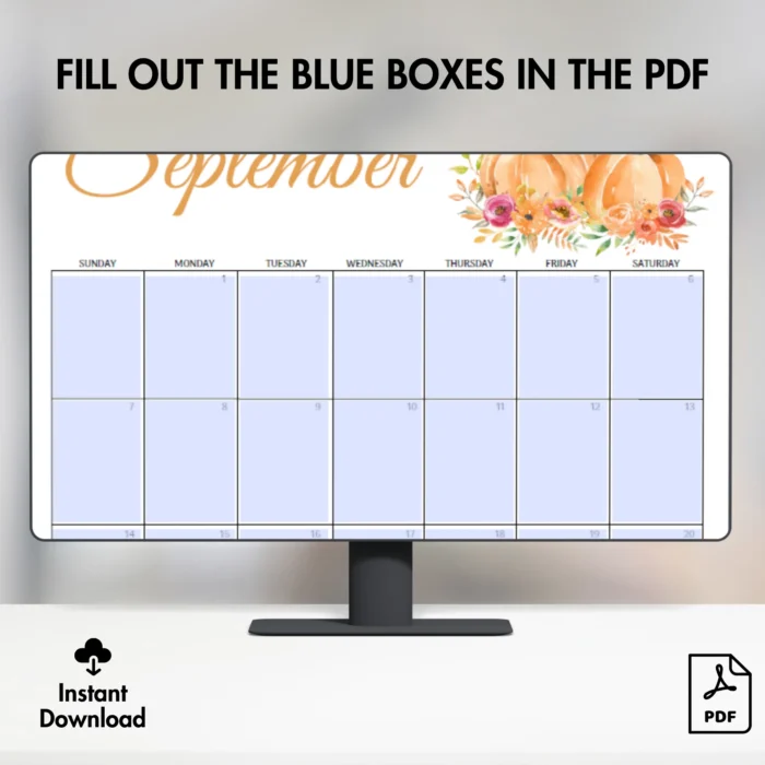 Pumpkin Theme September 2025 Calendar â€“ Monday start version fillable digital format
