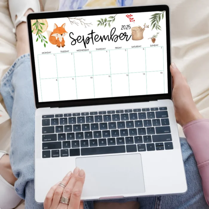 Woodland Animals September 2025 Calendar â€“ fox and squirrel illustration.