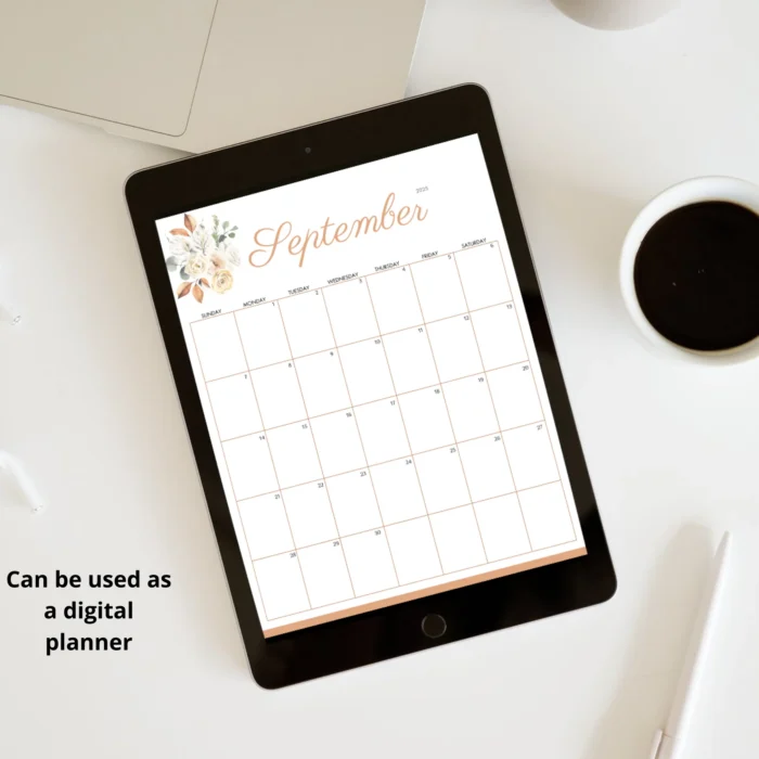 Cozy Autumn-Themed Calendar â€“ September 2025 Printable calendar on the tablet screen