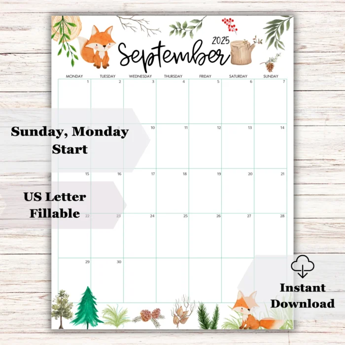 Woodland-themed September 2025 printable calendar with hedgehog and owl designs.