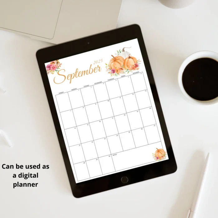 Autumn pumpkin and floral September 2025 planner page â€“ digital and printable