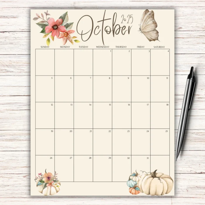 October 2025 Calendar Flower and Pumpkin